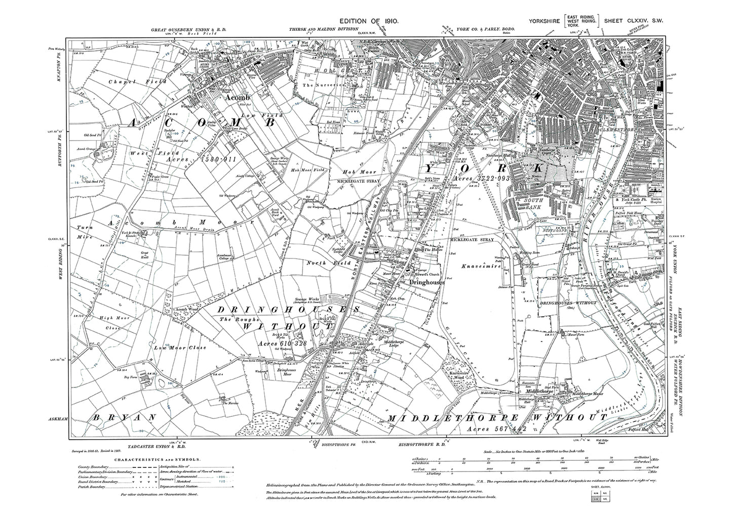 York (southwest), Dringhouses, Acomb (south), Middlethorpe, old map Yorkshire 1910: 174SW