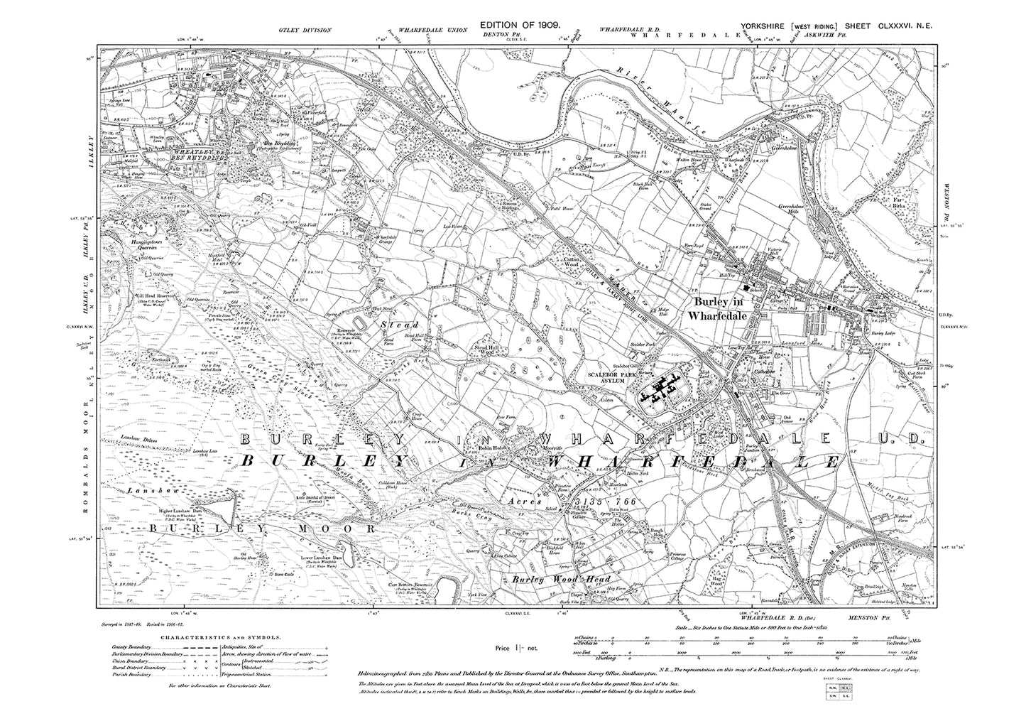 Burley in Wharfedale, Burley Wood Head (north), Ilkley (southeast), old map Yorkshire 1910: 186NE