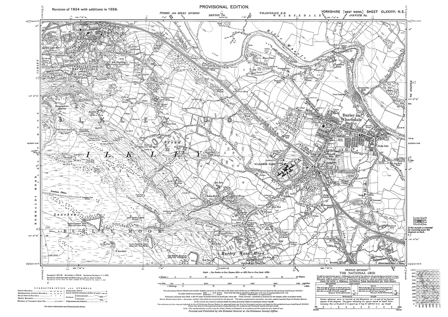 Burley in Wharfedale, Burley Wood Head (north), Ilkley (southeast), old map Yorkshire 1938: 186NE