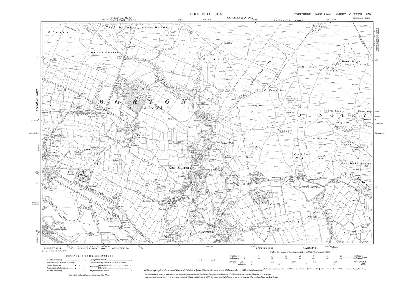 East Morton, Micklethwaite (north), Riddlesden (east), old map Yorkshire 1909: 186SW