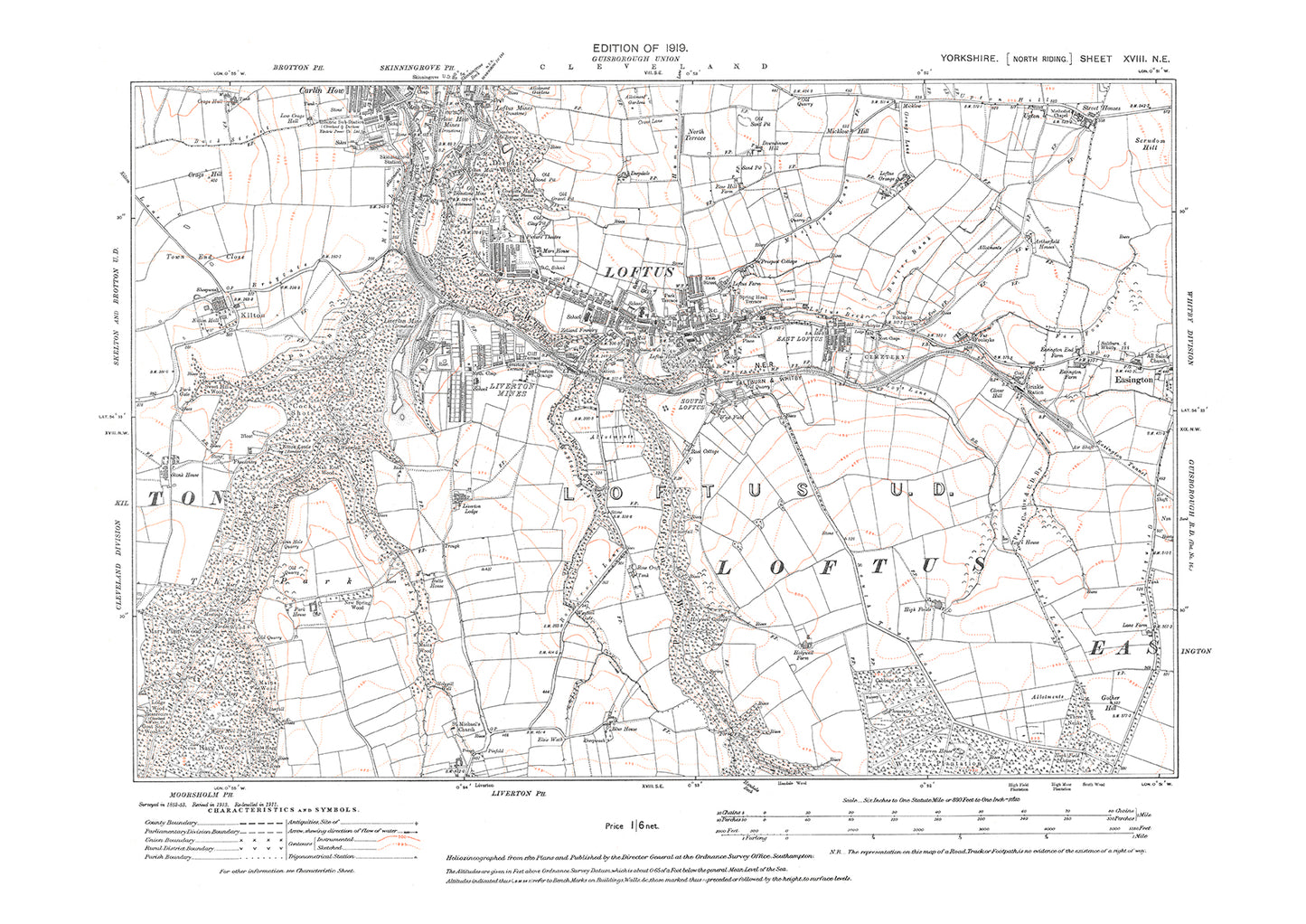 Loftus, Skinningrove (south), Easington (west), Liverton (north), old map Yorkshire 1919: 18NE