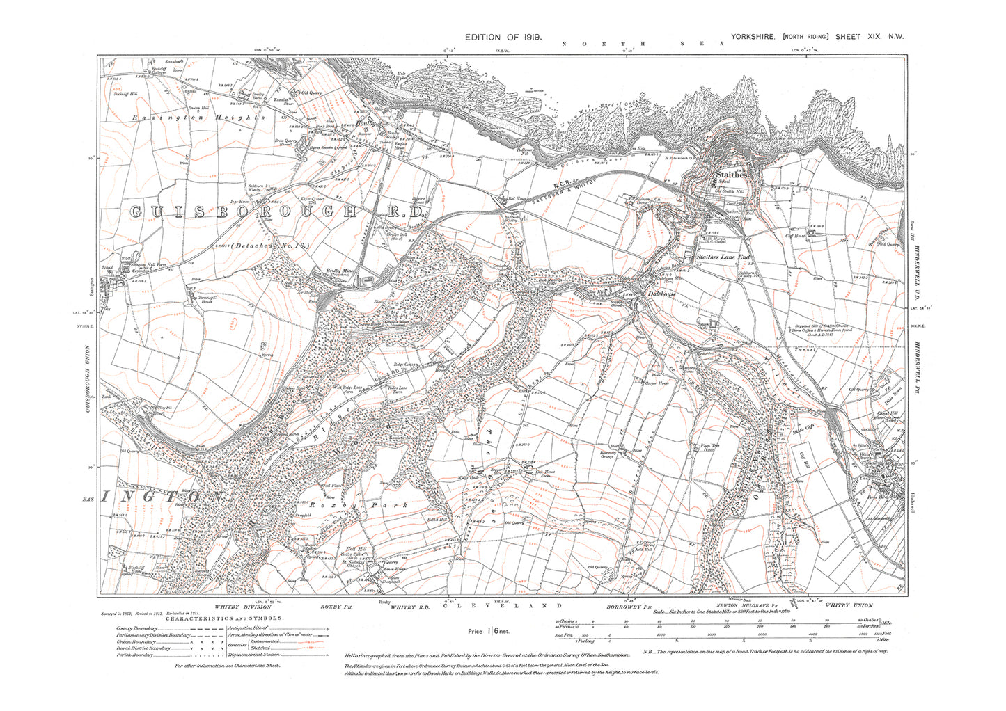 Staithes, Hinderwell (west), Houlby, Easington (east), old map Yorkshire 1919: 19NW