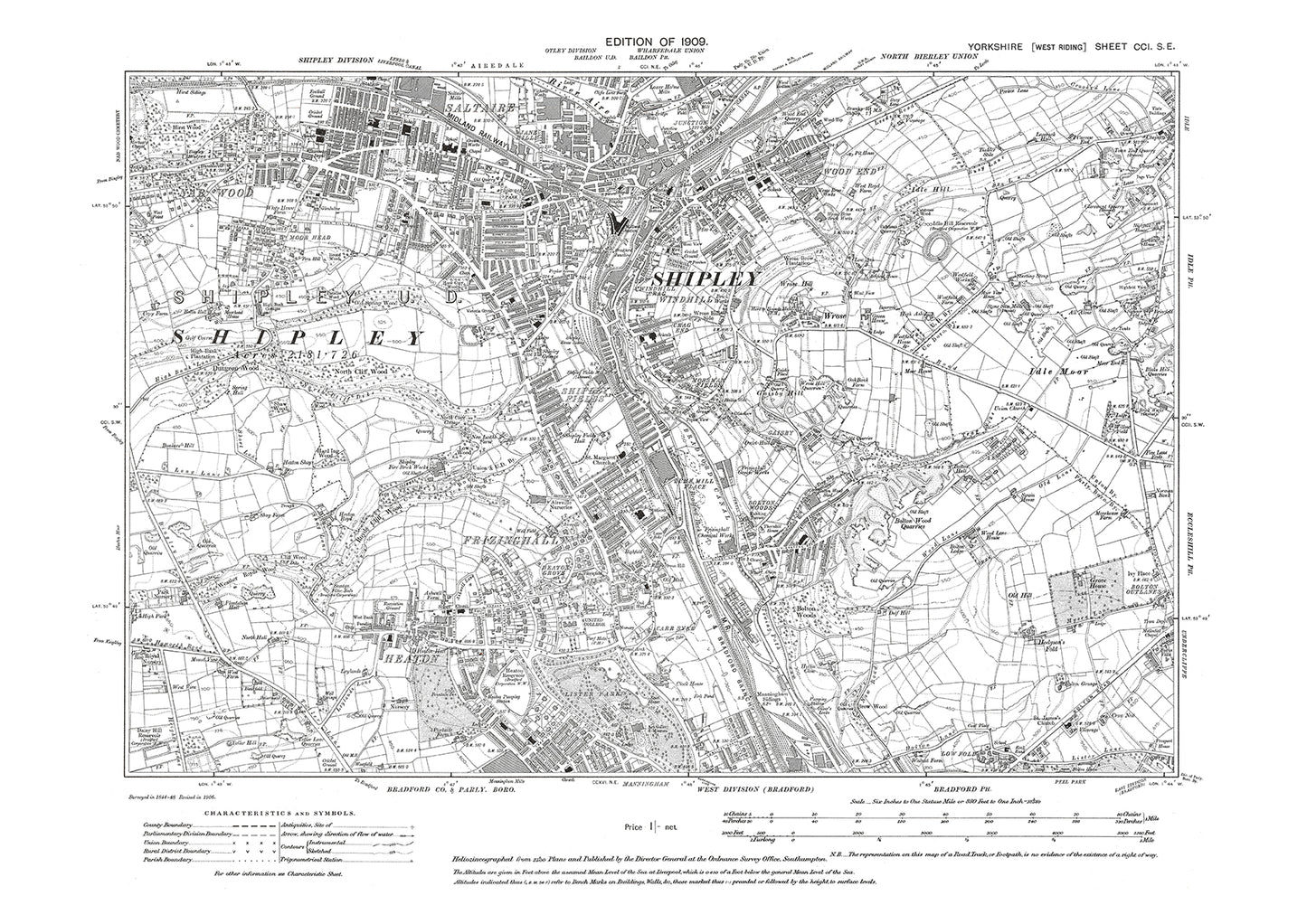 Bradford (north), Shipley, Saltaire, Idle (west), Frizinghall, Heaton, old map Yorkshire 1909: 201SE