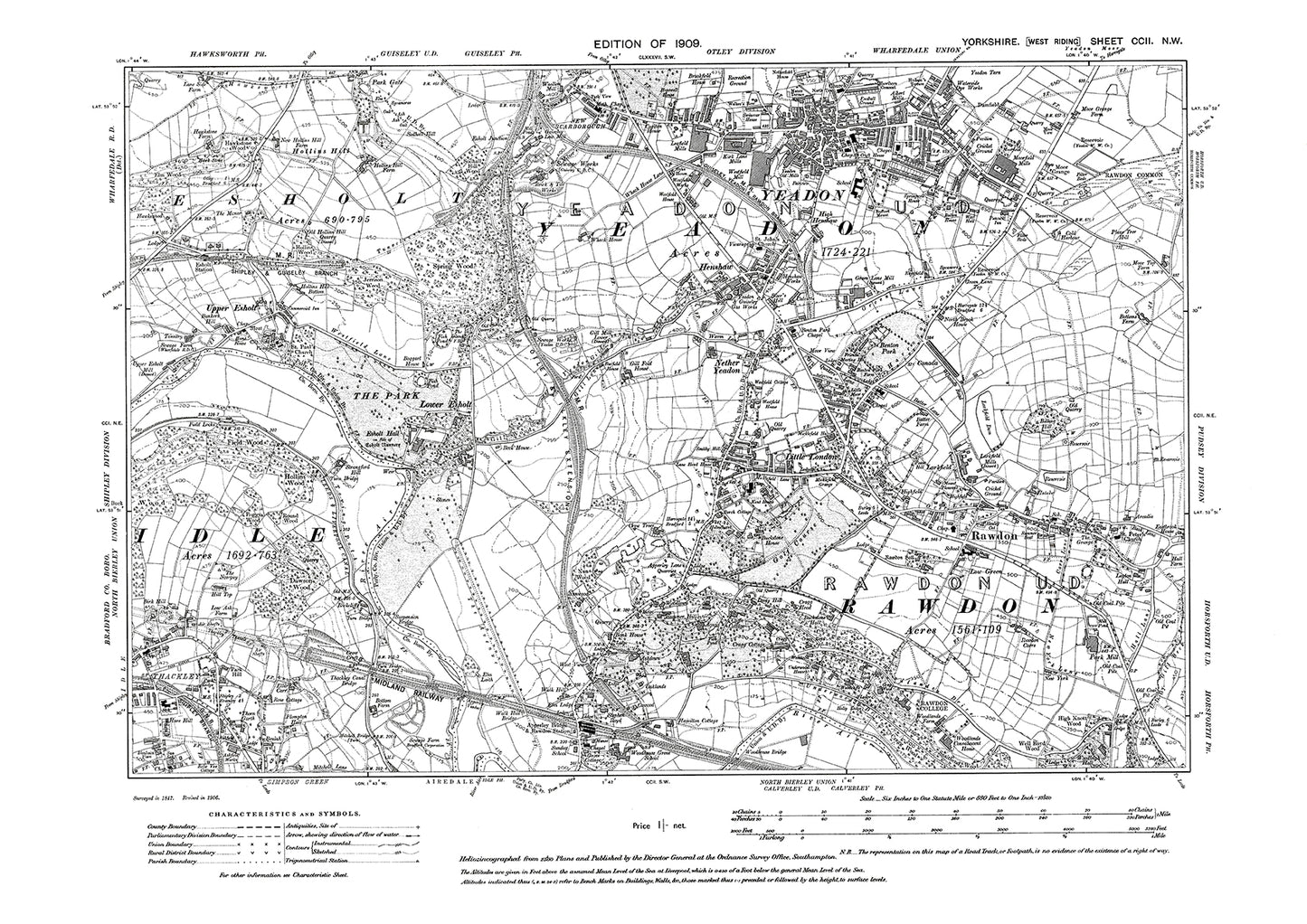 Yeadon, Bradford Thackley, Rawdon, old map Yorkshire 1909: 202NW