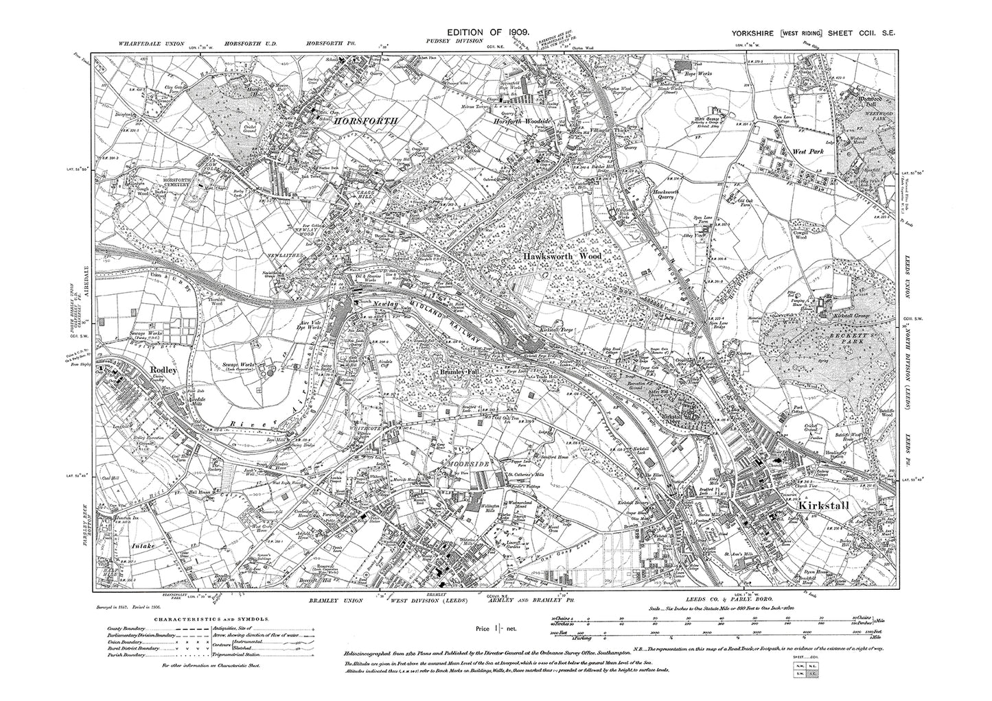 Horsforth (south), Bramley (north), Rodley, Kirkstall, old map Yorkshire 1909: 202SE