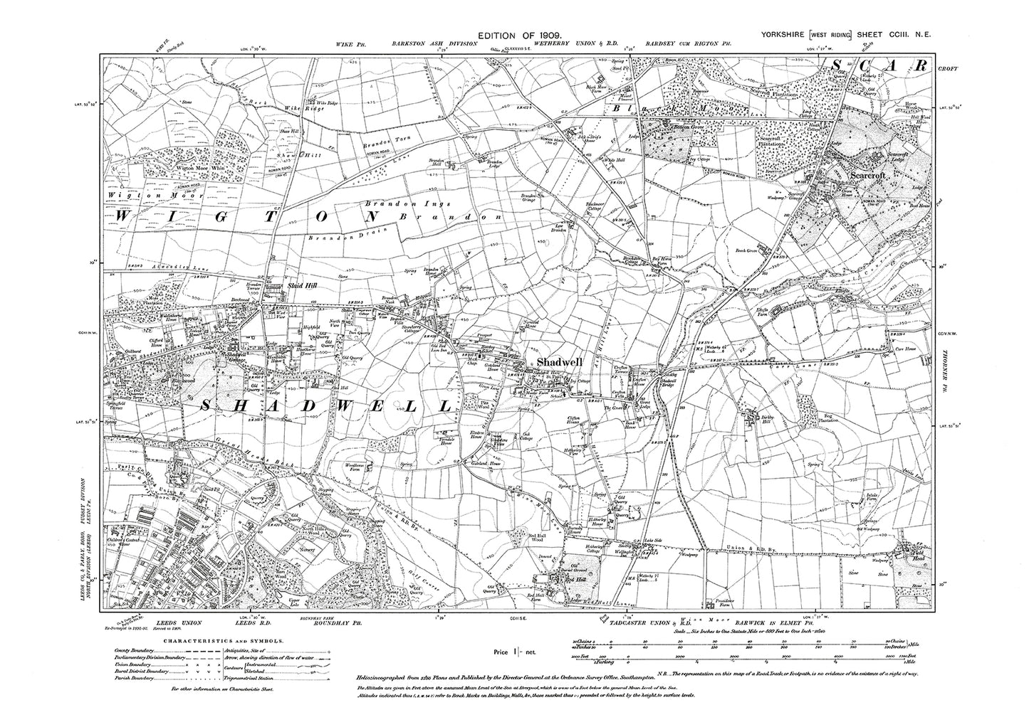 Leeds, Roundhay (north), Shadwell, Scarcroft, old map Yorkshire 1909: 203NE