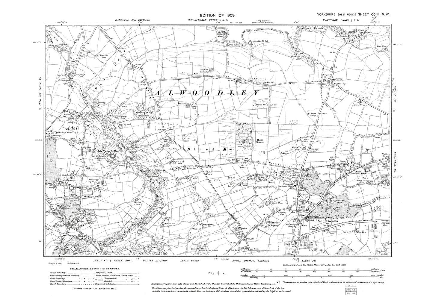 Leeds, Adel, Moor Allerton, Alwoodley, old map Yorkshire 1909: 203NW