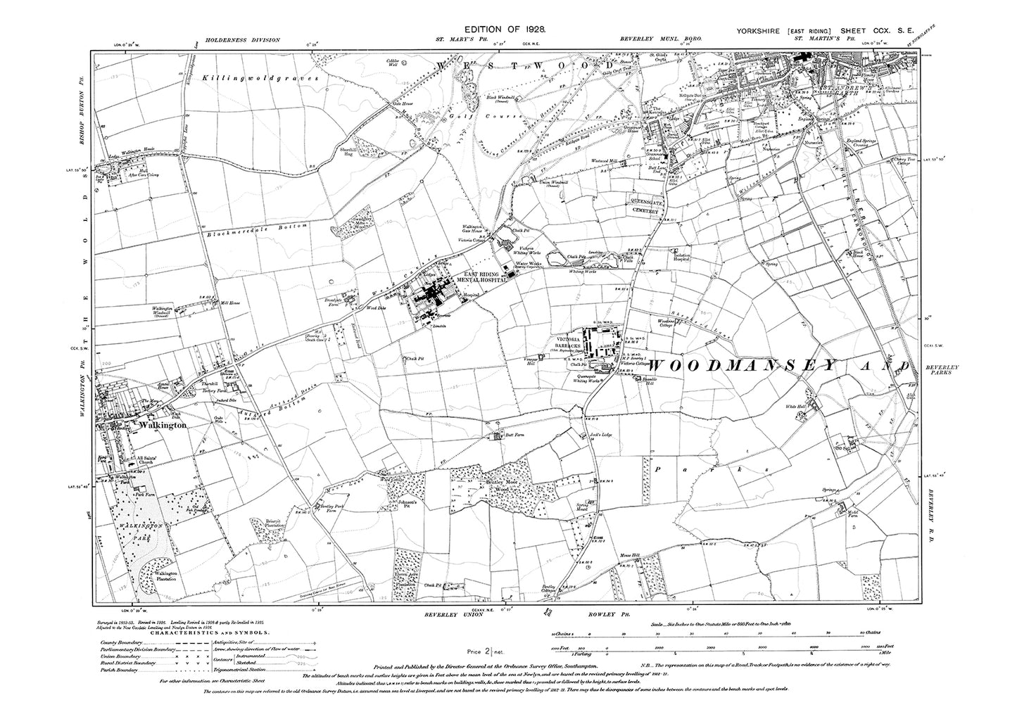 Beverley (southwest), Walkington (east), Bishop Burton (east), old map Yorkshire 1928: 210SE