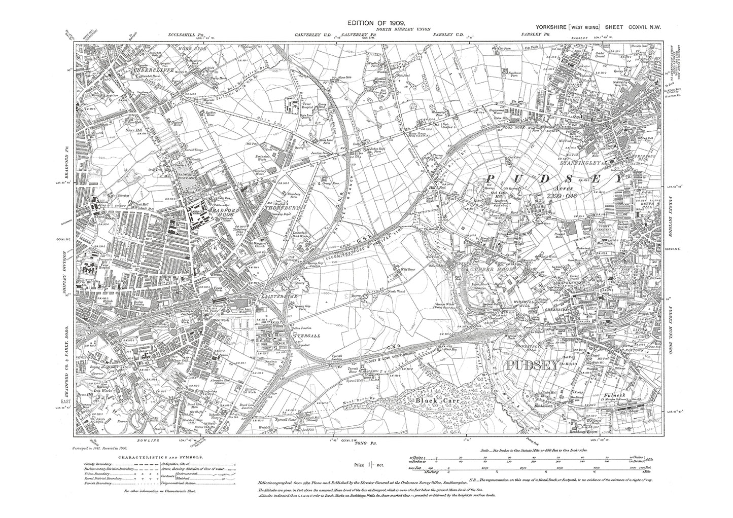 Bradford (east), Eccleshill (southeast), Thornbury, Laisterdyke, old map Yorkshire 1909: 217NW