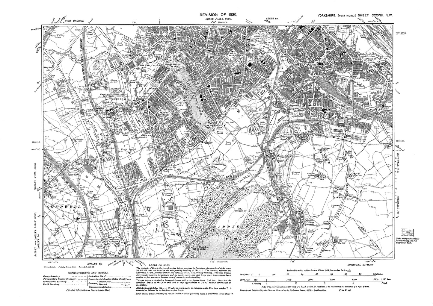 Leeds south, old map Yorkshire 1932: 218SW