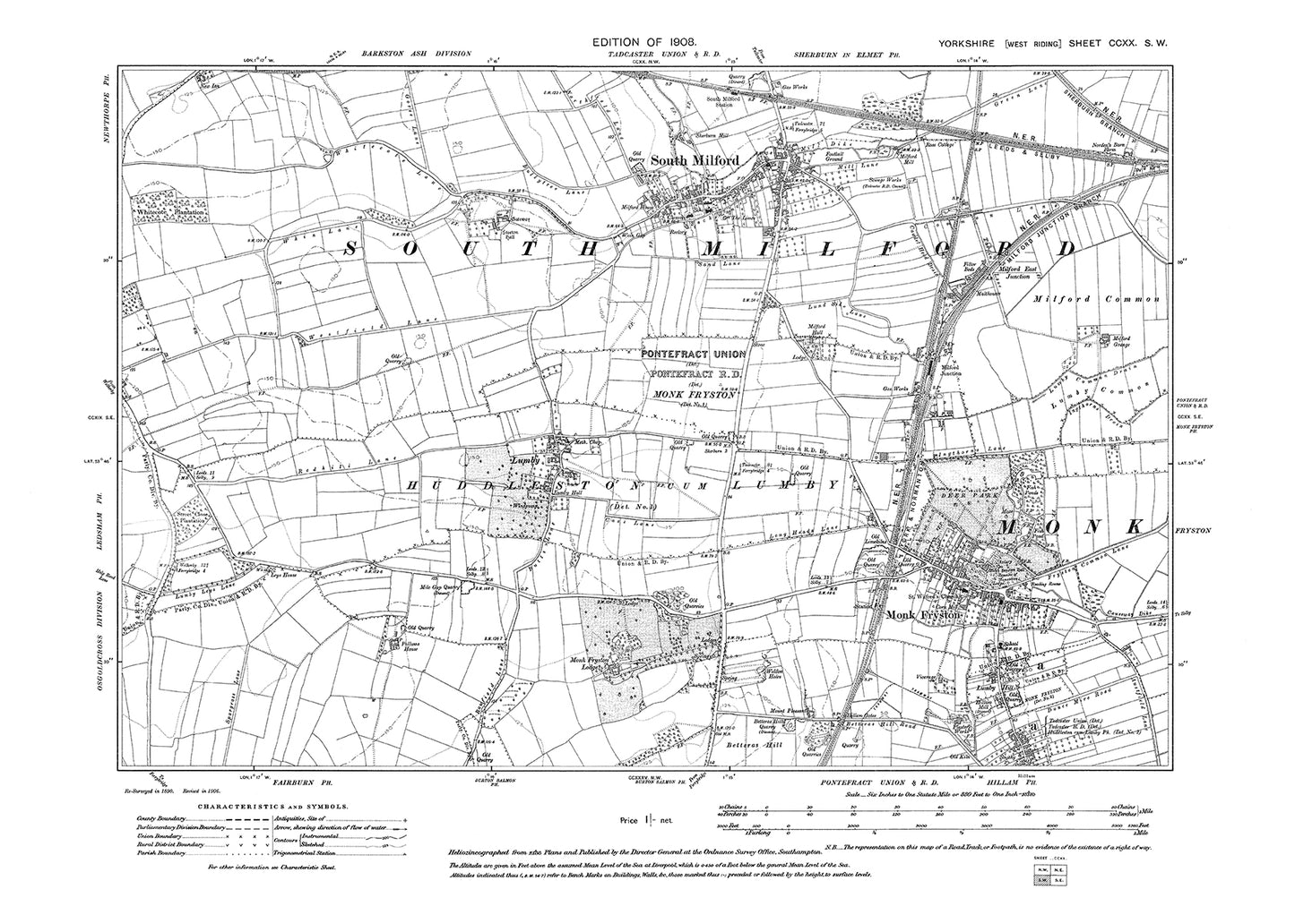 South Milford, Monk Fryston, Lumby, old map Yorkshire 1908: 220SW