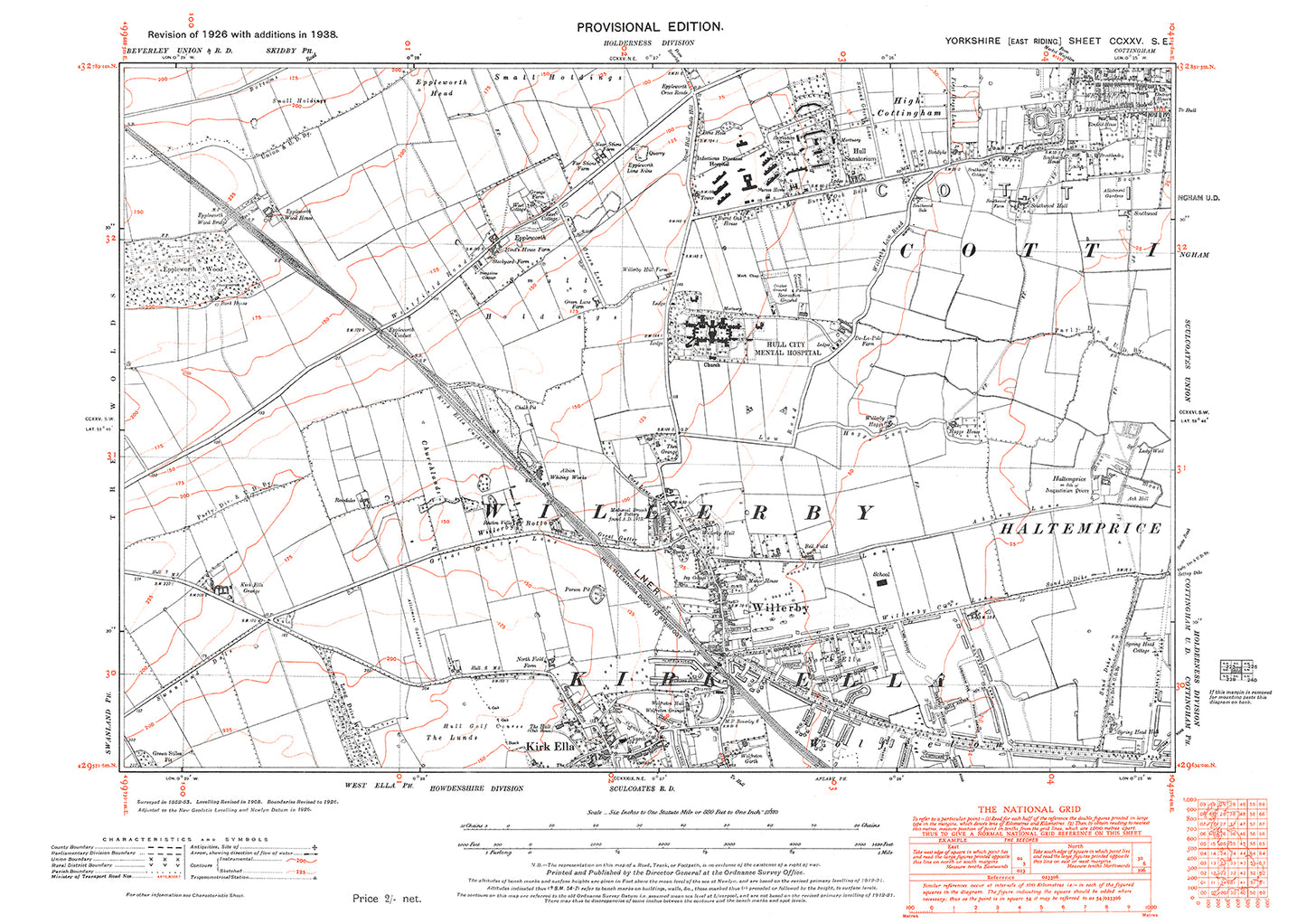 Cottingham (southwest), Willerby, Kirk Ella, old map Yorkshire 1938: 225SE