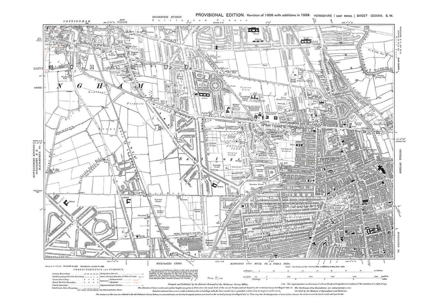 Hull (northwest), Cottingham (southeast), old map Yorkshire 1938: 226SW