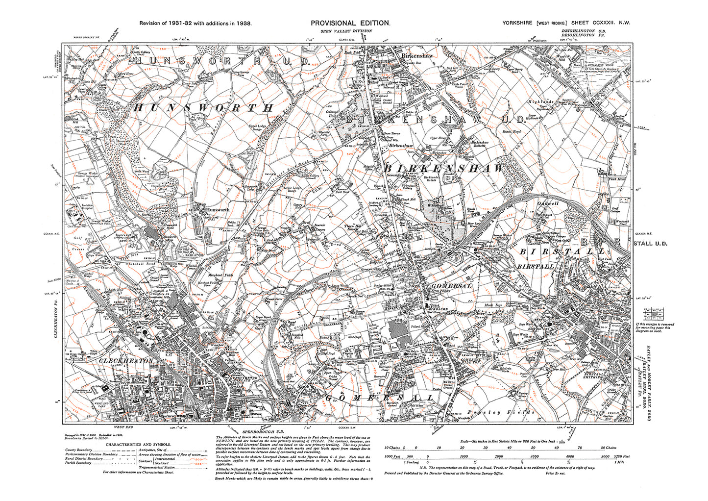 Birkenshaw, Birstall, Gomersal, Cleckheaton, old map Yorkshire 1938: 232NW