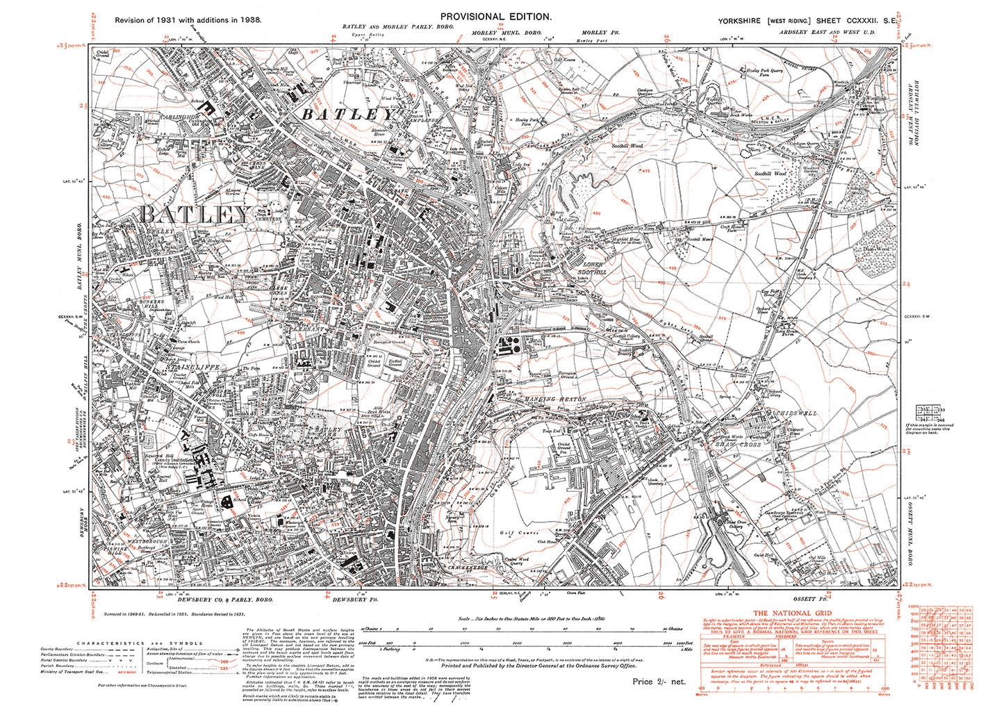 Batley, Dewsbury (north), old map Yorkshire 1938: 232SE