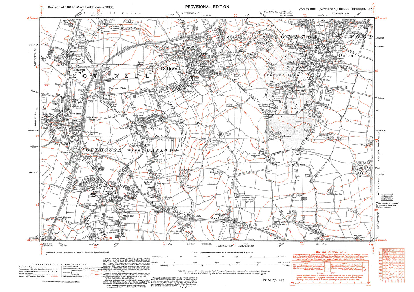 Rothwell, Oulton, Lofthouse with Carlton, old map Yorkshire 1938: 233NE