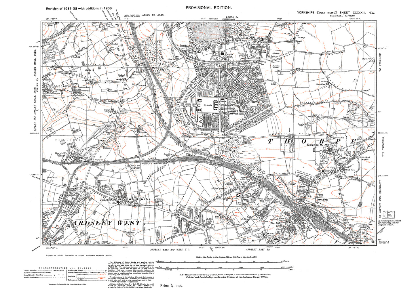 Middleton, Thorpe on the Hill, Tingley, old map Yorkshire 1938: 233NW