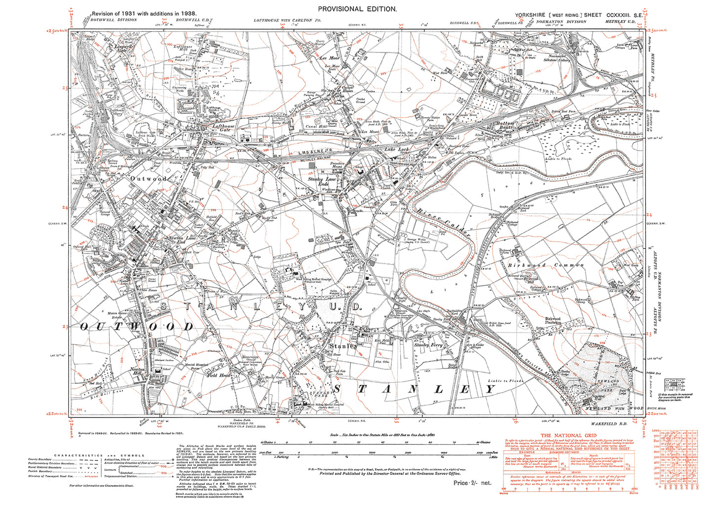 Outwood, Stanley, Bottom Boats, old map Yorkshire 1938: 233SE