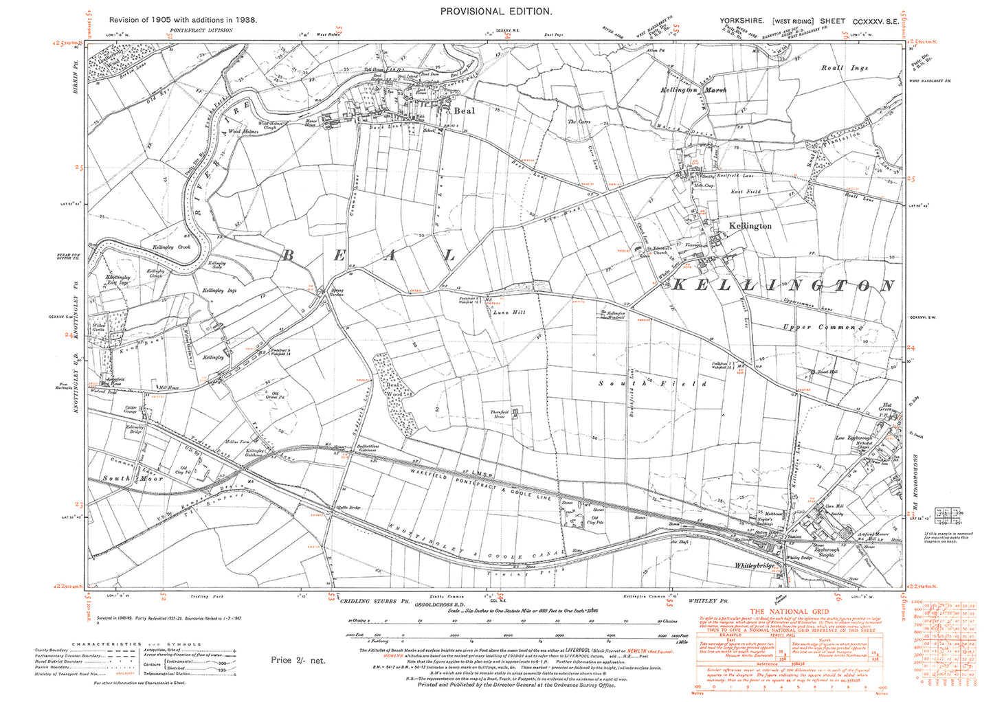 Beal, Kellington, Whitleybridge, old map Yorkshire 1938: 235SE