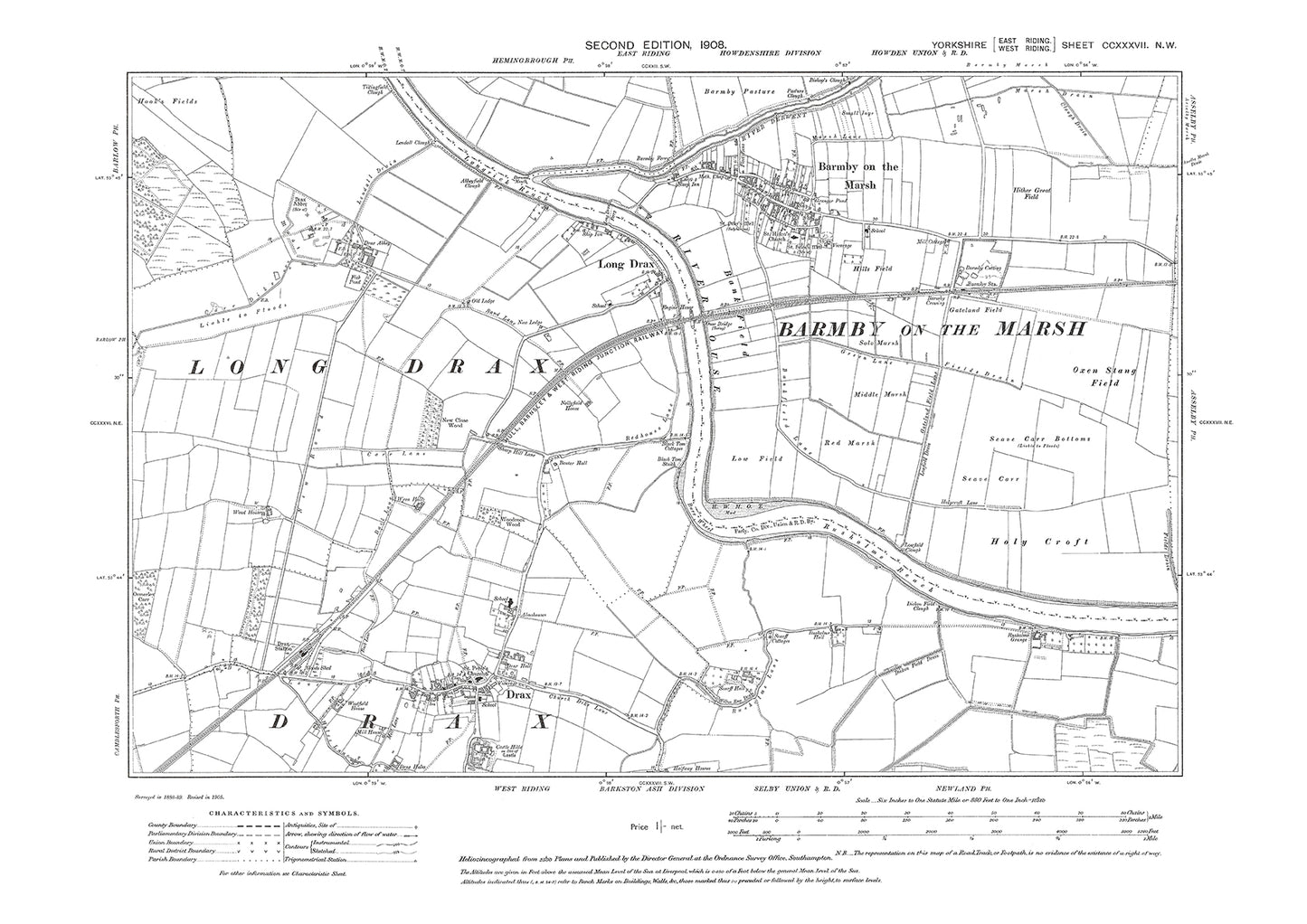 Barmby on the Marsh, Drax, Long Drax, old map Yorkshire 1908: 237NW