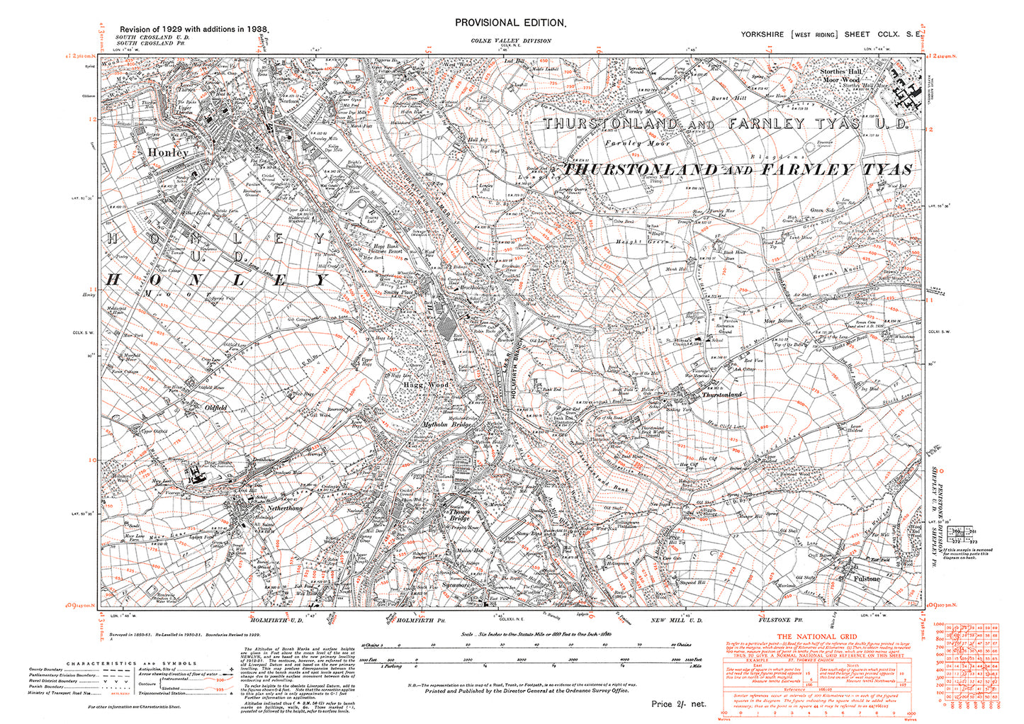 Honley, Thongs Bridge, old map Yorkshire 1938: 260SE