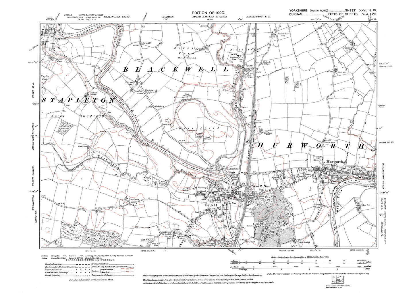 Croft, Stapleton (part), plus Hurworth (Durham), old map Yorkshire 1920: 26NW