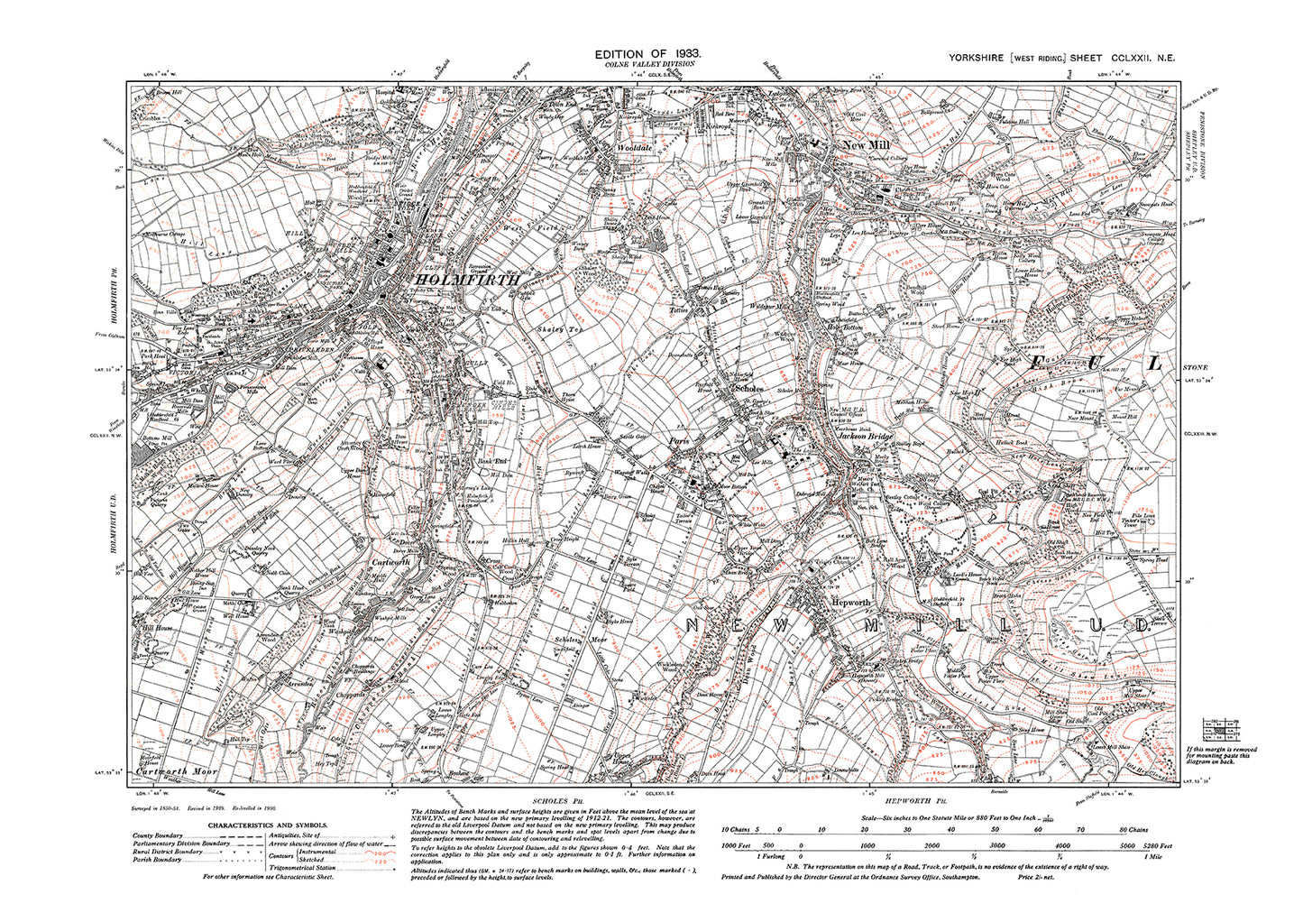 Holmfirth, New Mill, Scholes, Hepworth, old map Yorkshire 1933: 272NE