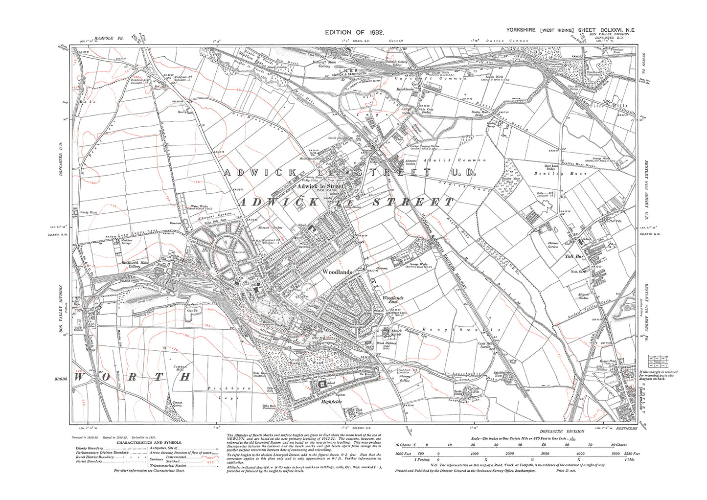 Adwick le Street, Woodlands, old map Yorkshire 1932: 276NE