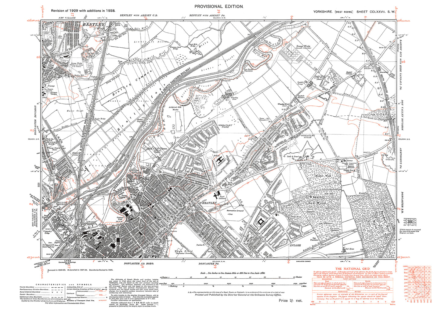 Doncaster (northeast), Wheatley, Bentley (southeast), old map Yorkshire 1938: 277SW