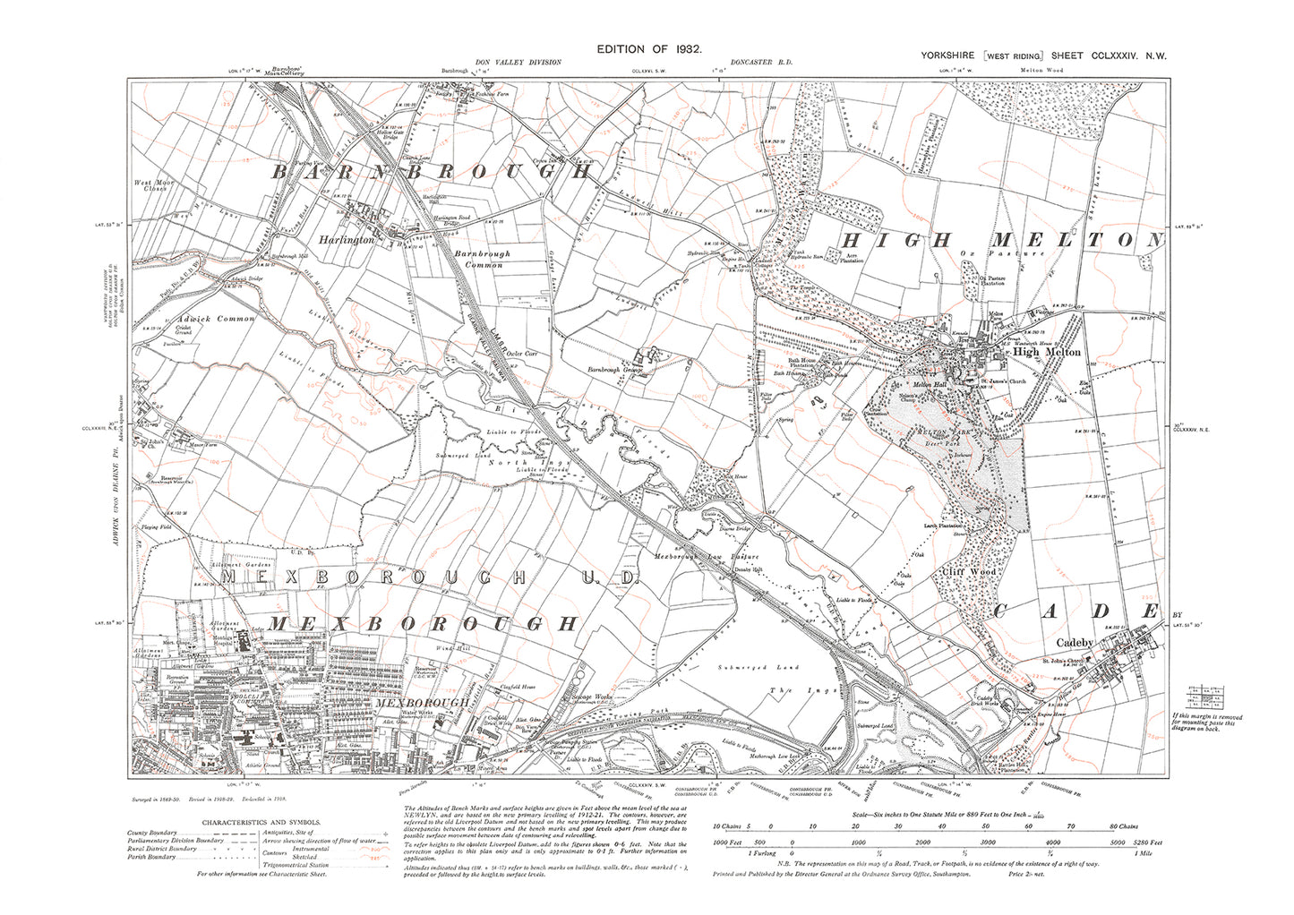 Mexborough (north), Cadeby, High Melton, Harlington, old map Yorkshire 1938: 284NW