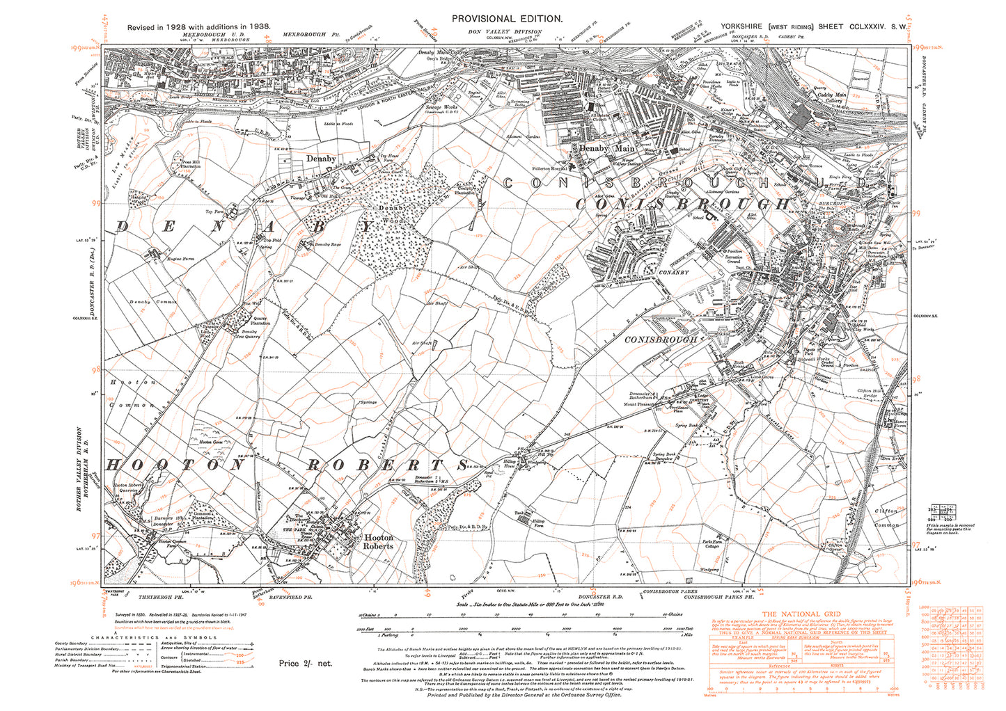 Conisbrough, Mexborough (south), Denaby Main, Hooton Roberts, old map Yorkshire 1938: 284SW