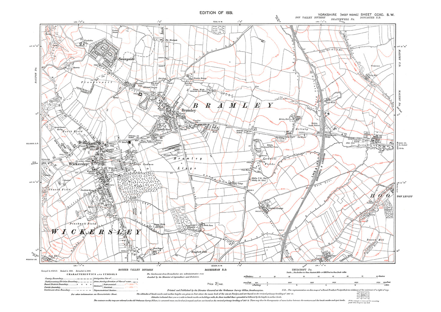 Bramley, Sunnyside, Wickersley, old map Yorkshire 1931: 290SW