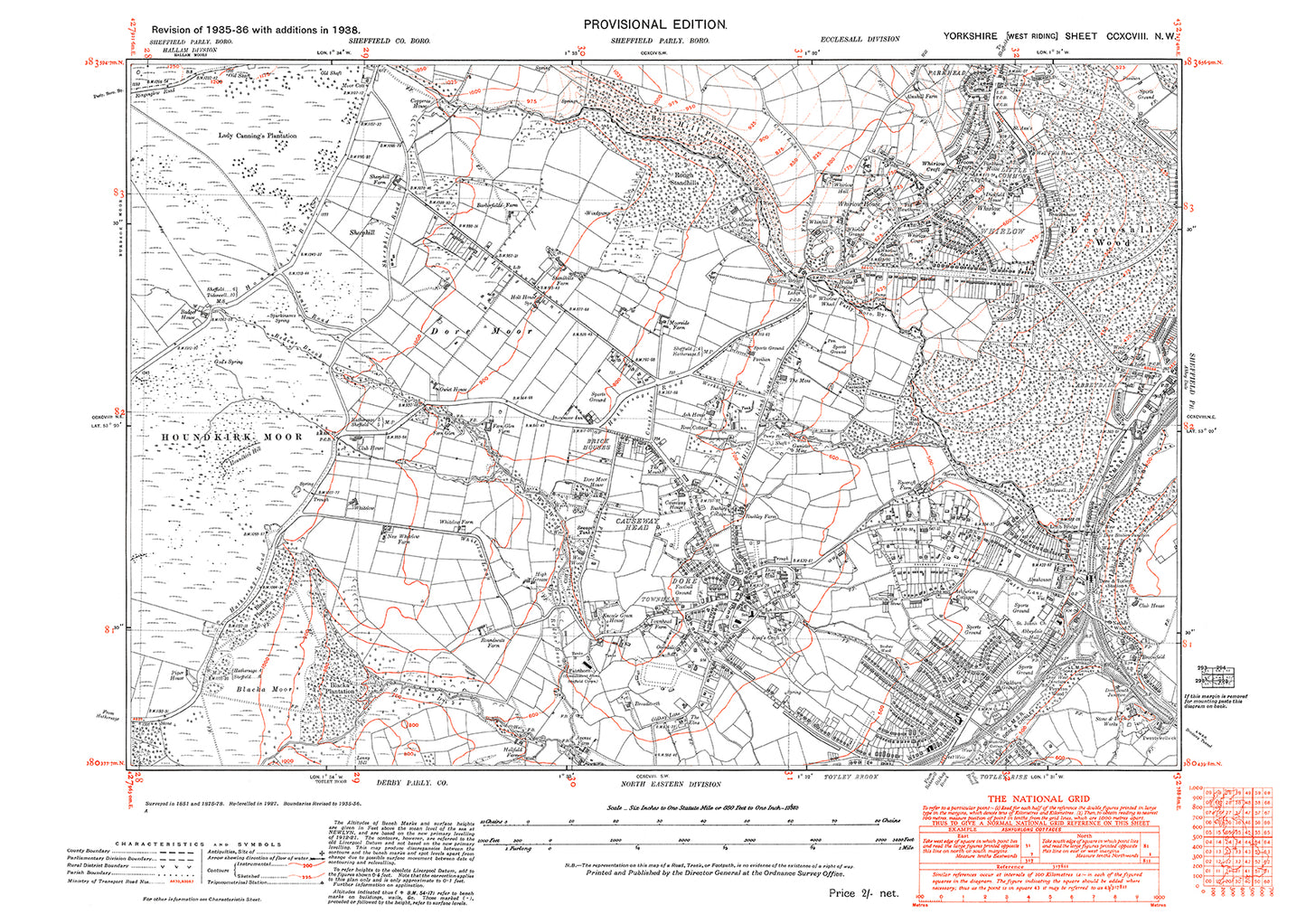 Sheffield Dore, Whirlow, Totley Brook (north), old map Yorkshire 1938: 298NW