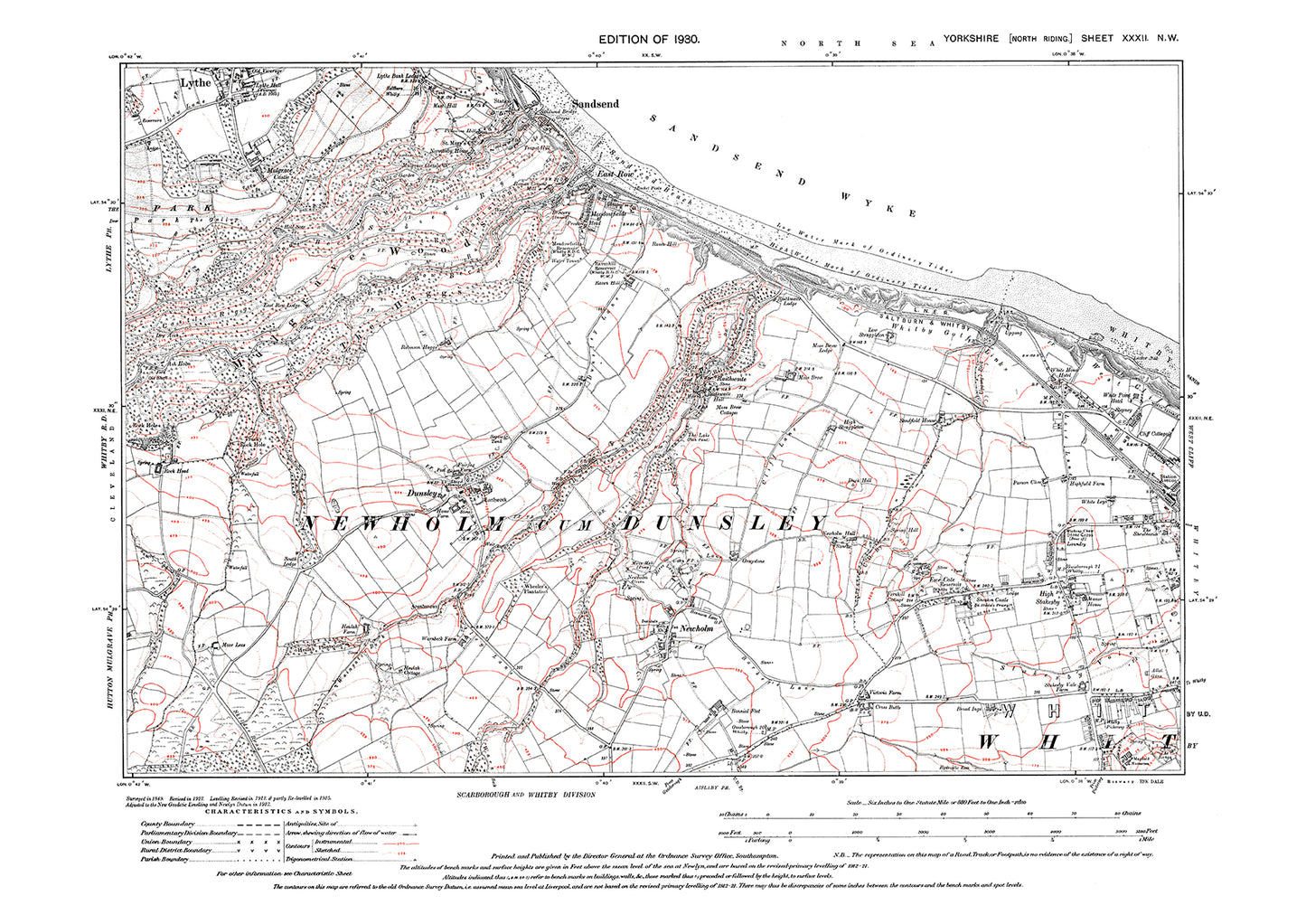 Whitby (west), Lythe (south), Dunsley, Newholm, old map Yorkshire 1930: 32NW