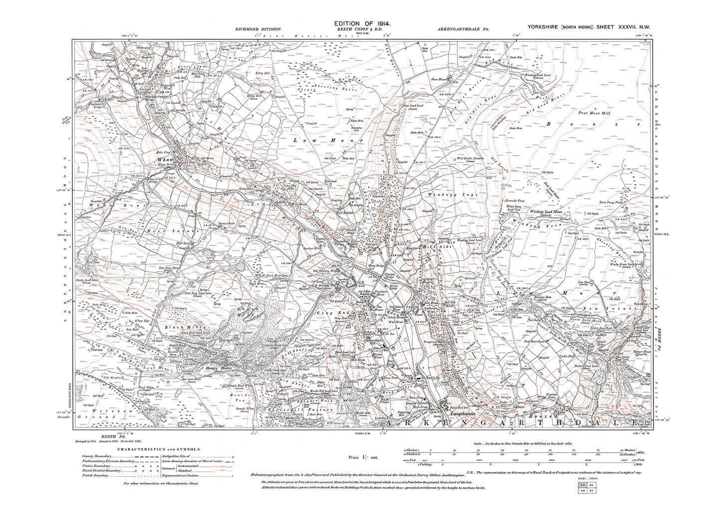 Langthwaite (north), Booze, Wham, Whaw, Arkengarth Dale (north), old map Yorkshire 1914: 37NW