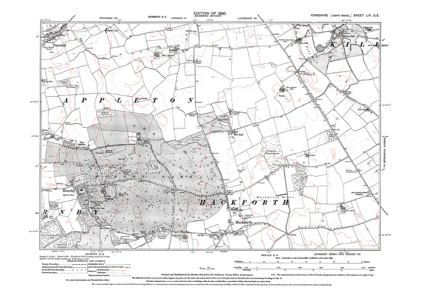 Hornby, Hackforth, Tunstall (part), Killerby Hall, old map Yorkshire 1930: 54SE