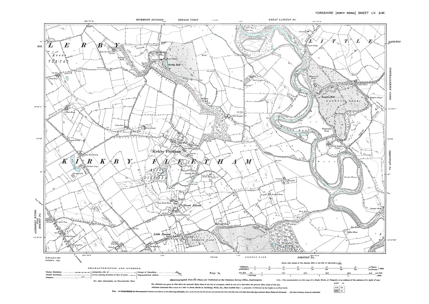 Kirkby Fleetham, Great Fencote, Langton Park, old map Yorkshire 1895: 55SW