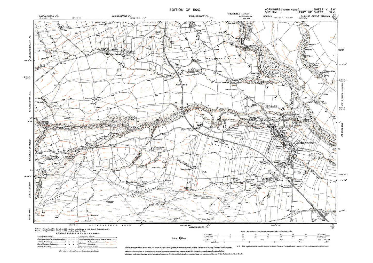 Cotherstone, Hunderthwaite, old map Yorkshire 1920: 5SW