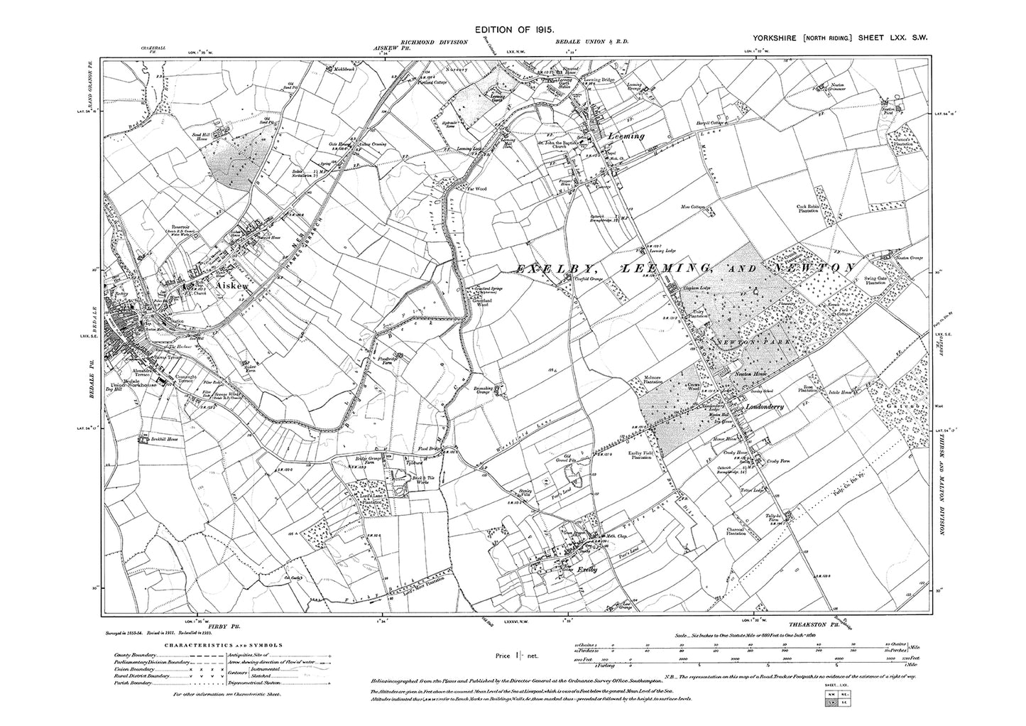 Bedale (east), Aiskew, Leeming, Londonderry, Exelby, old map Yorkshire 1915: 70SW