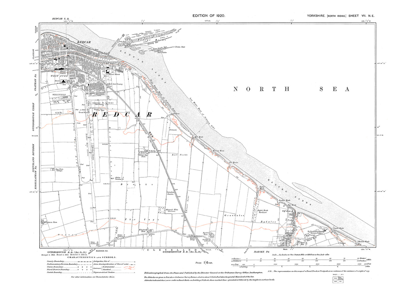 Redcar (east), Marske (north), old map Yorkshire 1920: 7NE