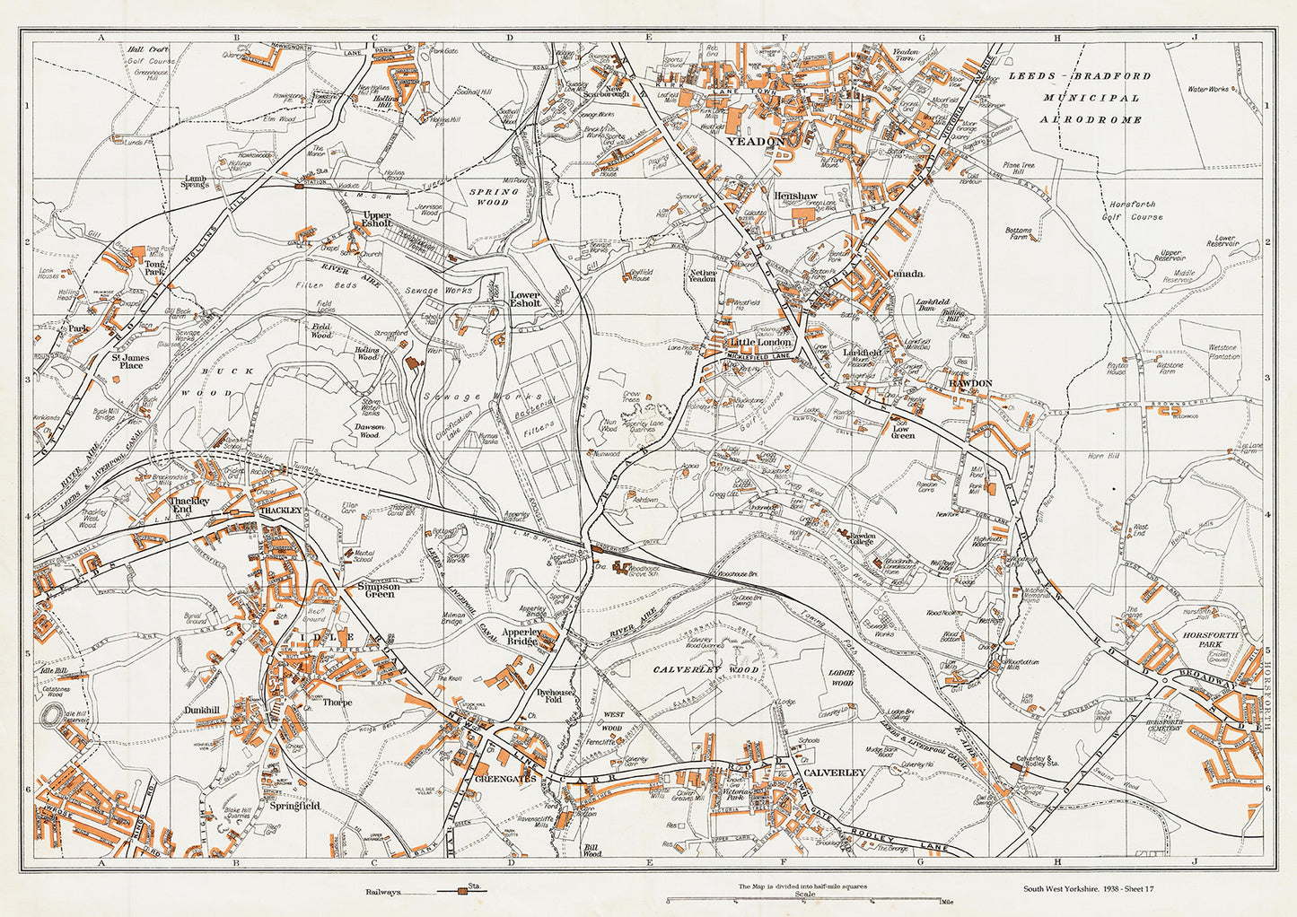 Yorkshire in 1938 Series - Yeadon, Idle, Rawdon, Thackley, Calverley, Greengates and Horsforth (west) area - YK-17