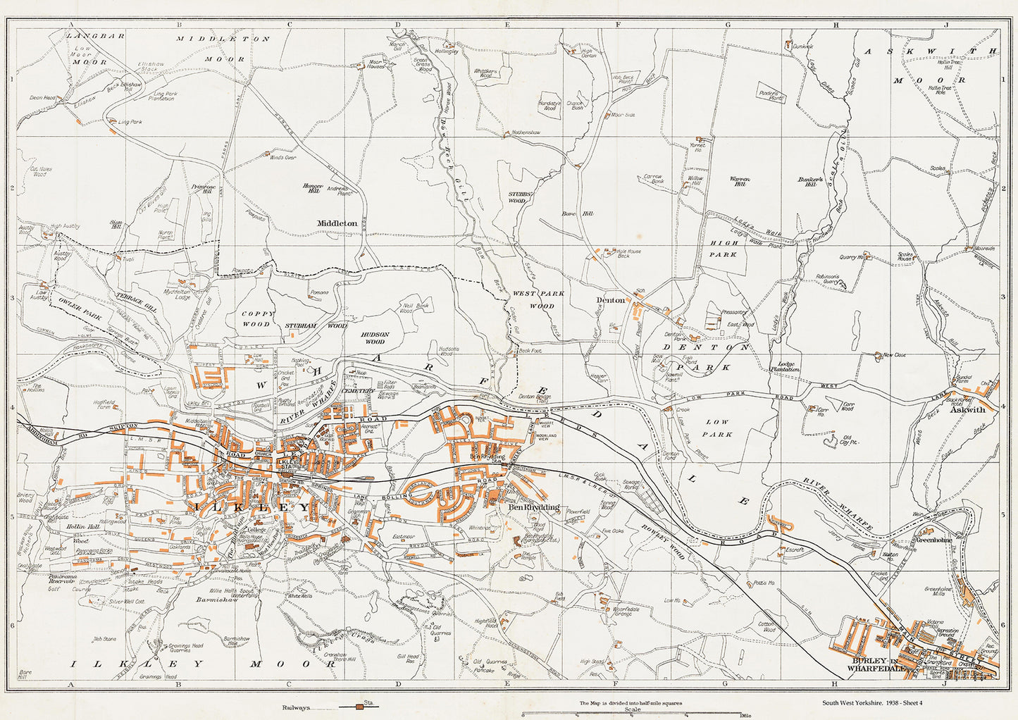 Yorkshire in 1938 Series - Ilkley, Burley-in-Wharfedale (northwest), Denton, Askwith, Ben Rhydding and Middleton area - YK-04