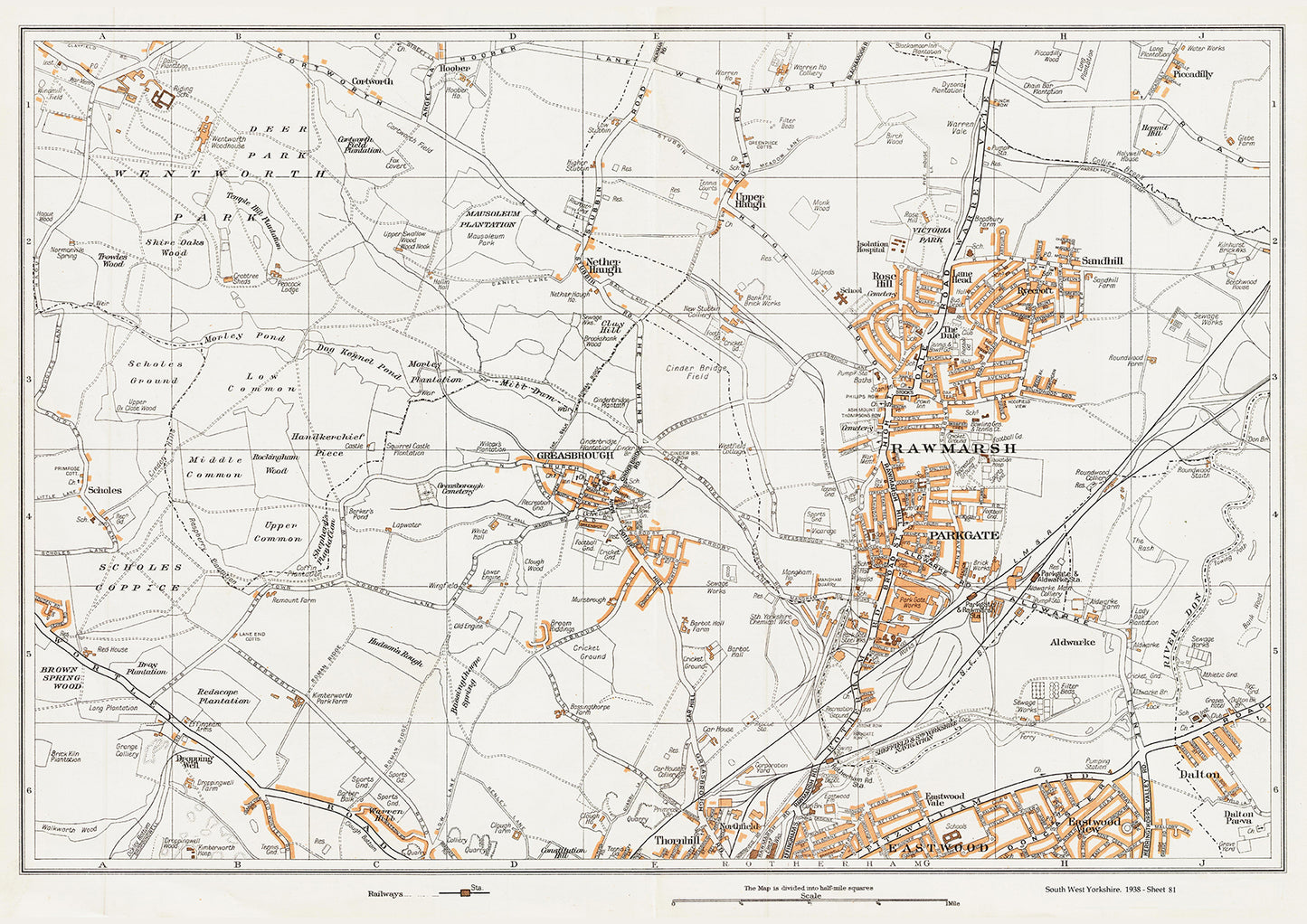 Yorkshire in 1938 Series - Rotherham (north), Rawmarsh, Nether Haugh, Greasbrough, Sandhill, Parkgate and Dalton area - YK-81