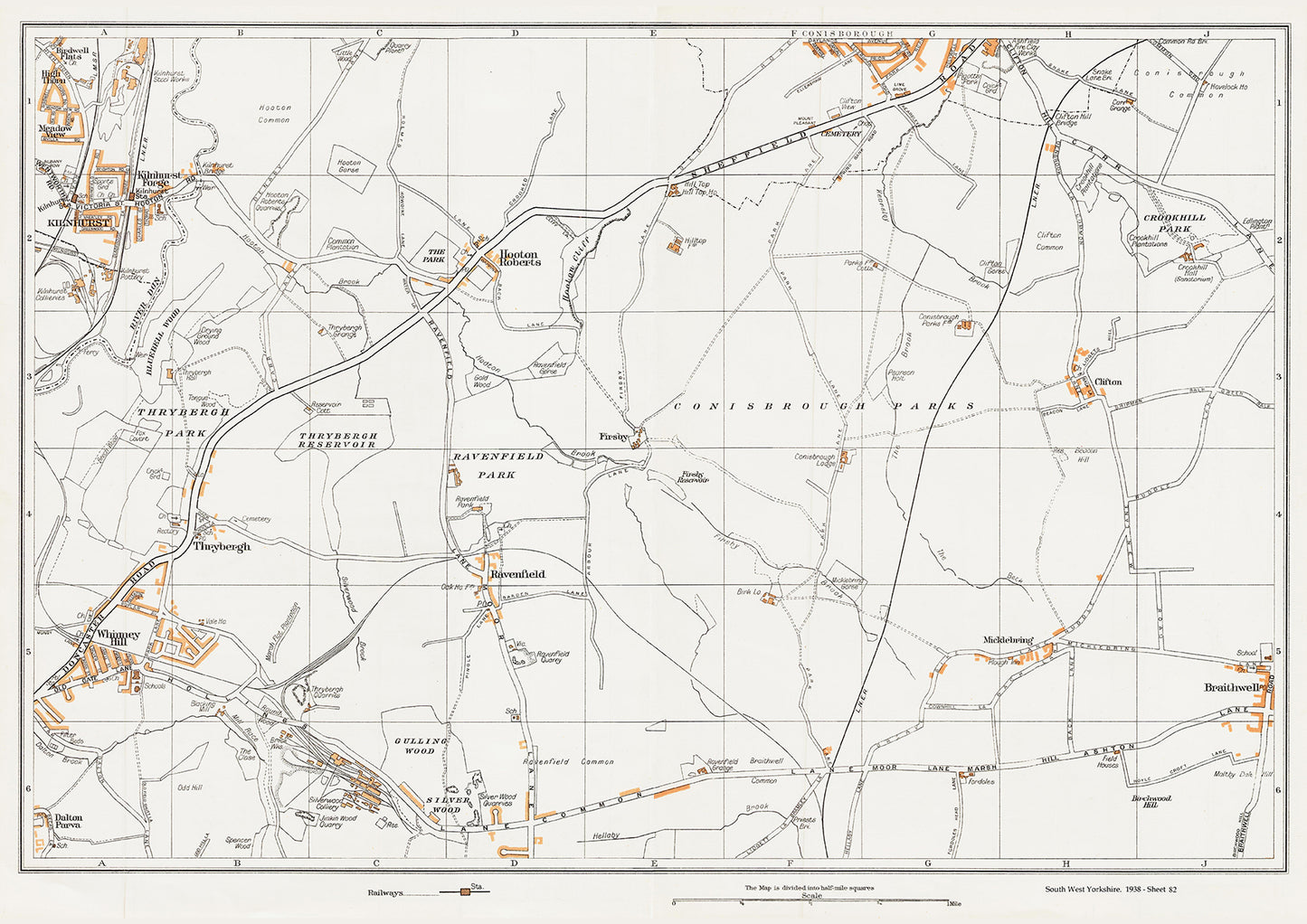 Yorkshire in 1938 Series - Kilnhurst, Ravenfield, Hooton Roberts, Thrybergh, Conisborough (south) and Whinney Hill area - YK-82