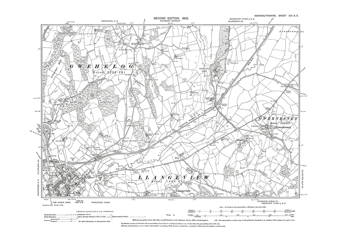 Usk (north), Gwernesney, old map Monmouth 1902: 19SE