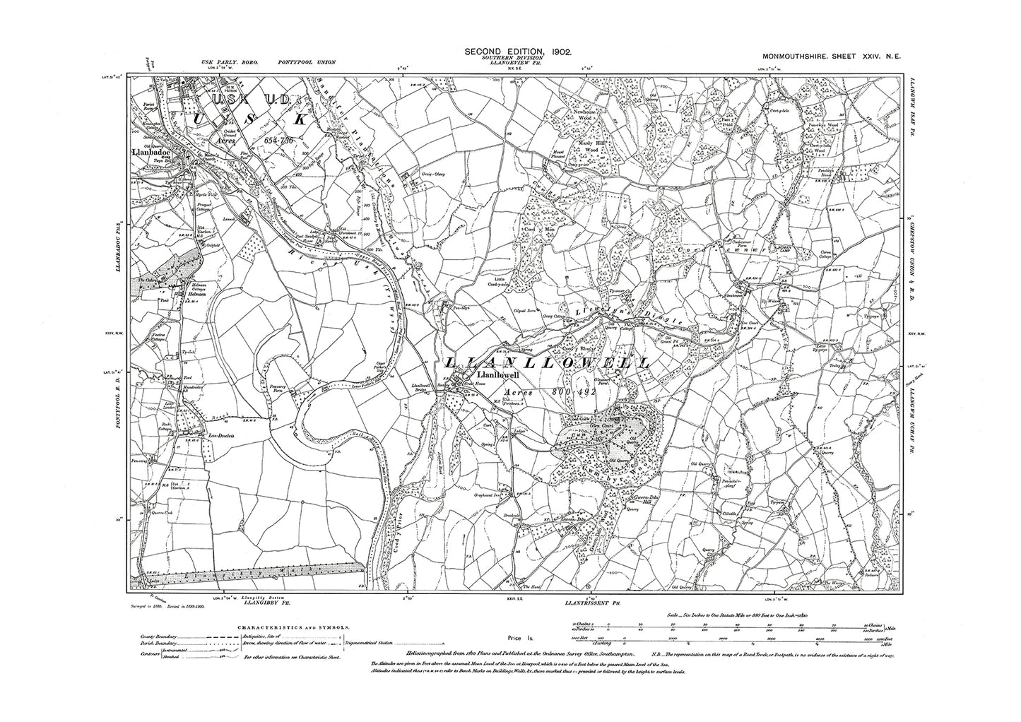 Usk (south), Llanbadoc, Llanllowell, old map Monmouth 1902: 24NE