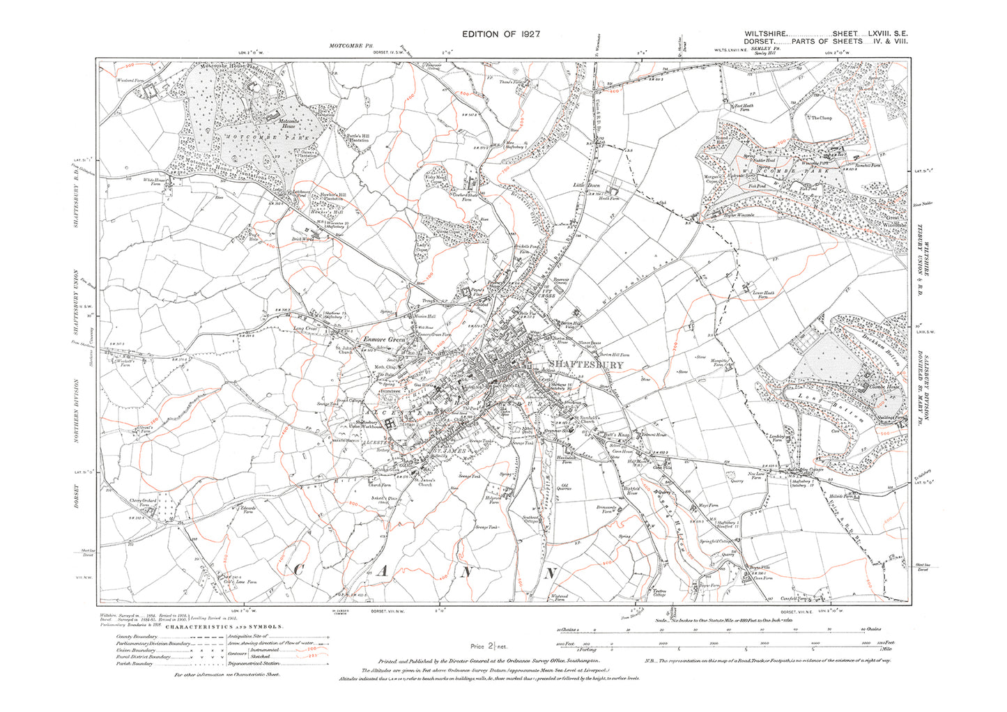 Old OS map dated 1927, showing Shaftesbury in Dorset - Parts 4-8