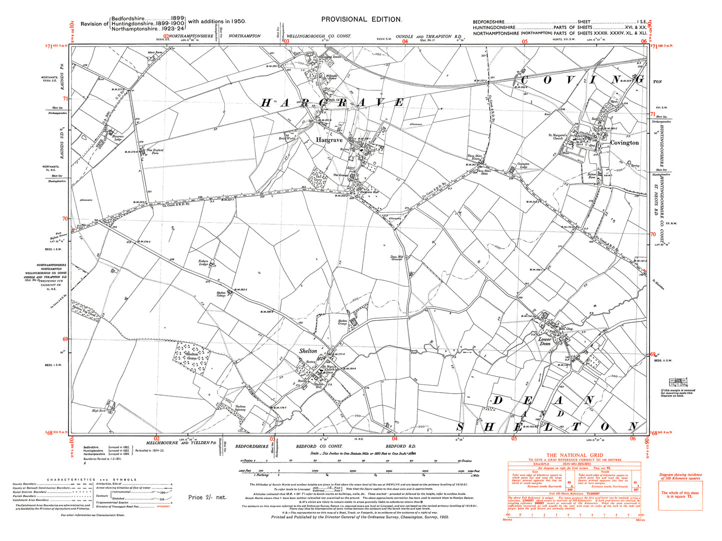 A 1950 map showing Shelton, Lower Dean, (Bedfordshire 1SE)