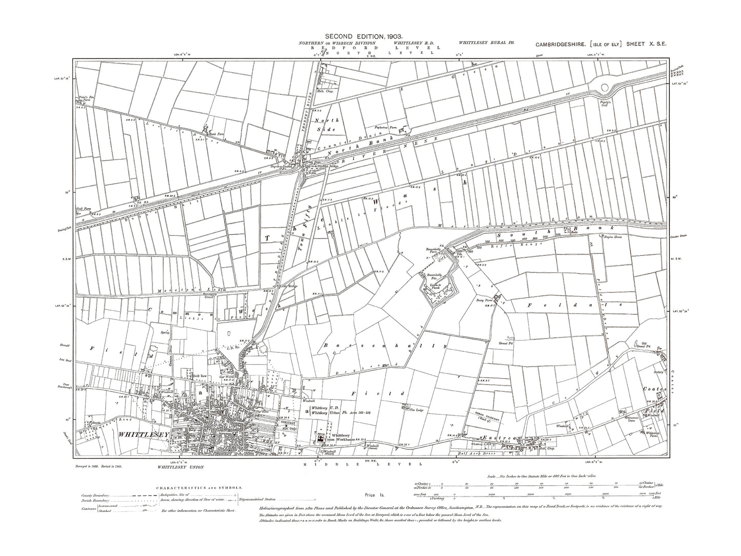 Old OS map dated 1903, showing Whittlesey (north), Eastrea in Cambridgeshire 10SE