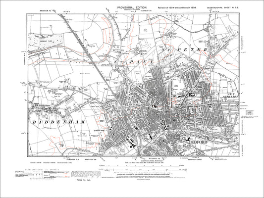 A 1938 map showing Bedford and Biddenham in Bedfordshire - A Digital Download 0f OS 1:10560 scale map, Beds 11SE